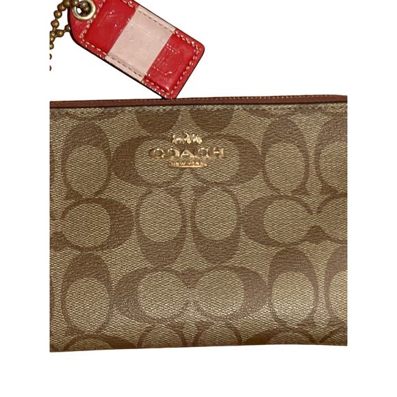 Coach Large Corner Zip Wristlet / Wallet Signature Canvas CS438 IM/Khaki Saddle - Picture 10 of 14